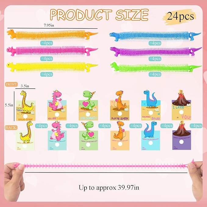 Valentines Day Cards for Kids- 24Pcs Dinosaur Valentines Cards with Glow in Dark Dinosaur Stretchy String Sensory Fidget Toys for Kids Valentines Party Favors Classroom Exchange Gifts School Supplies