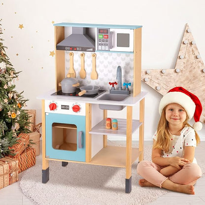 TOOKYLAND Kids Kitchen Playset, Play Kitchen Set for Kids with Real Light & Sounds, Including 11 Piece Simulated Food Accessories, Kids Play Kitchen for Toddlers