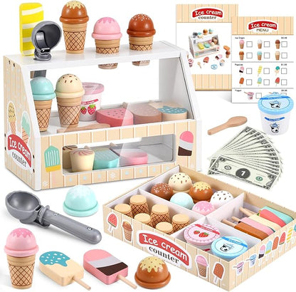 Wooden Ice Cream Toys Kids Play Store Pretend Toy for Toddlers, Play Kitchen Accessories with Scoop & Menu & Fake Money, Ideal Ice Cream Play Set Gifts for 3 4 5 6 7 8 Year Old Girls Boys