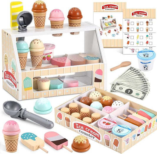 Wooden Ice Cream Toys Kids Play Store Pretend Toy for Toddlers, Play Kitchen Accessories with Scoop & Menu & Fake Money, Ideal Ice Cream Play Set Gifts for 3 4 5 6 7 8 Year Old Girls Boys