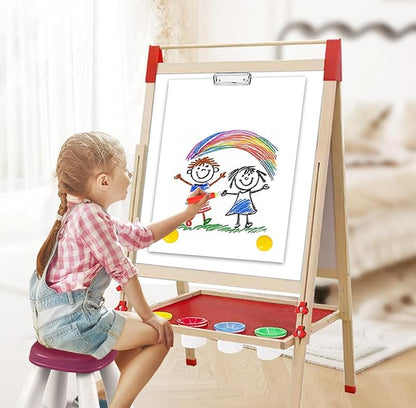 Wooden Art Easel for Kids and Toddlers, Double-Sided with Magnetic Drawing Board, Adjustable Height, Includes Magnetic Letter & Number Set and Paper Roll.