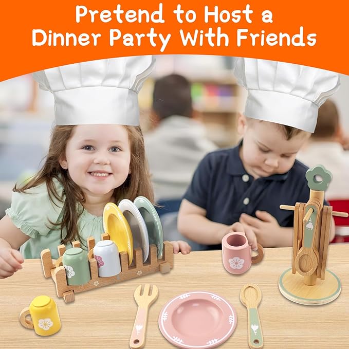 Wooden Play Kitchen Accessories, Play Plates and Cups for Kids Kitchen, Play Dishes for Kids Kitchen, Play Pots and Pans for Toddlers Boys and Girls 3 4 5 6