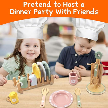Wooden Play Kitchen Accessories, Play Plates and Cups for Kids Kitchen, Play Dishes for Kids Kitchen, Play Pots and Pans for Toddlers Boys and Girls 3 4 5 6