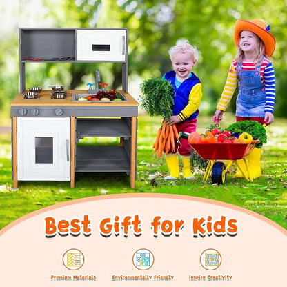 Wooden Mud Kitchen, Outdoor Play Kitchen with Removable Sink,Water Box & Faucet,Stove Top, Storage Bags& Metal Basket,Kitchen Backyard Outdoor Pretend Kitchen for Kids