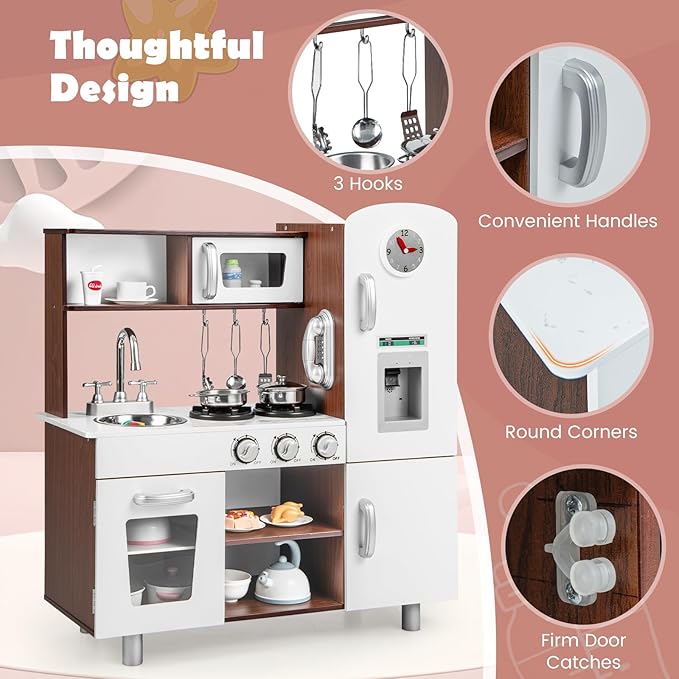 Costzon Kitchen Playset for Kids, Wooden Pretend Cooking Kitchen w/Utensils, Oven, Cabinets, Faucet, Sink & Telephone, Toddlers Play Kitchen Set with Accessories, Gift for Age 3+ (Brown)