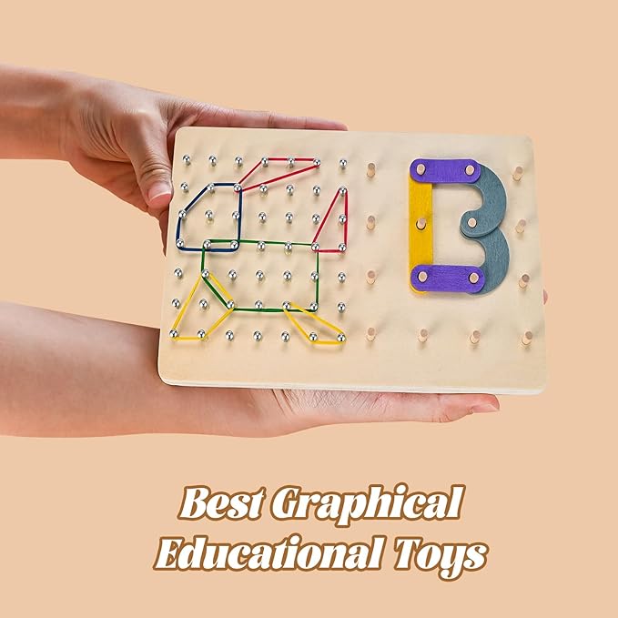 Wooden Geoboards, Wooden Letter Number Construction Puzzle Board, Montessori Toys for Kids with 20 Pattern Cards, 50 Rubber Bands to Figures and Shapes, Brain Teaser STEM Toy（9.5*6 *0.6in）