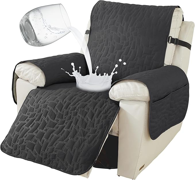 Recliner Covers That Stay in Place, 100% Waterproof Non-Slip Recliner Chair Covers with Pocket, Elastic Straps, Washable Reclining Chair Protector for Kids, Pets, Dog, Cat,Black,23IN