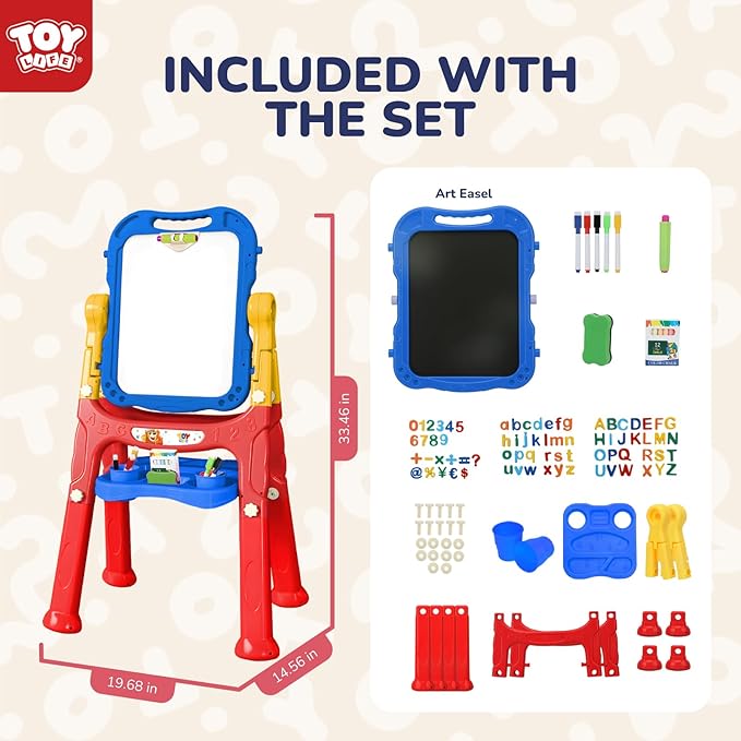 TOY Life Easel for Kids Art Easel for Toddler Easel - 4in1 Double-Sided Large Magnetic Board Kids Chalkboard Easel Drawing White Board for Kids Magnetic Letters & Numbers Birthday Gifts for Kids
