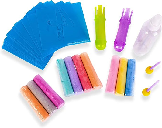 Sunny Days Entertainment, LLC. Creative Chalk Activity Set includes 35 Stencils, 10 Colors, 2 Blending Sponges, 2 Chalk Holders, 1 Spray Bottle | Activity and Games Kids Ages 3+