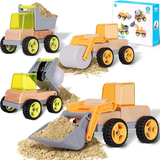 Wooden Construction Toy Trucks for Toddlers, 4PCS Mini Vehicle Toys Shovel 3 4 5 6