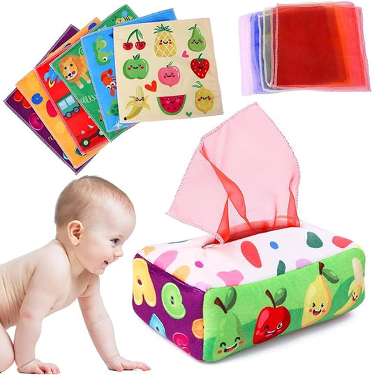 YOGINGO Baby Toys 6 to 12 Months - Tissue Box Toy Montessori for Babies 6-12 Months, Soft Stuffed High Contrast Crinkle Infant Sensory Toys