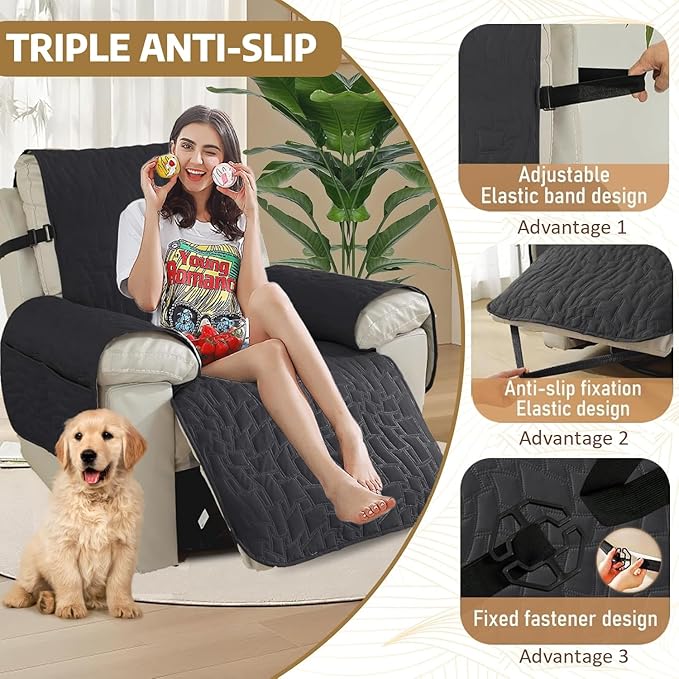 XINEAGE 100% Waterproof Recliner Chair Covers with Elastic Straps, Nonslip Reclining Couch Covers Washable Recliner Couch Cover with Pockets Furniture Protector for Pets Dogs (Black, 30")