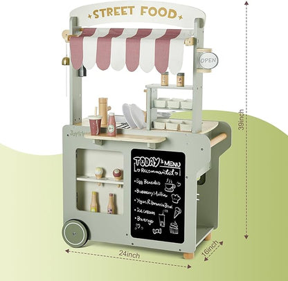 Wooden Food Cart, Kitchen Playset 50-Piece Toddler Pretend Play Grocery Store with Sink and Ice Maker, Kitchen Set for Kids Ages 3+, Gift for Boys and Girls
