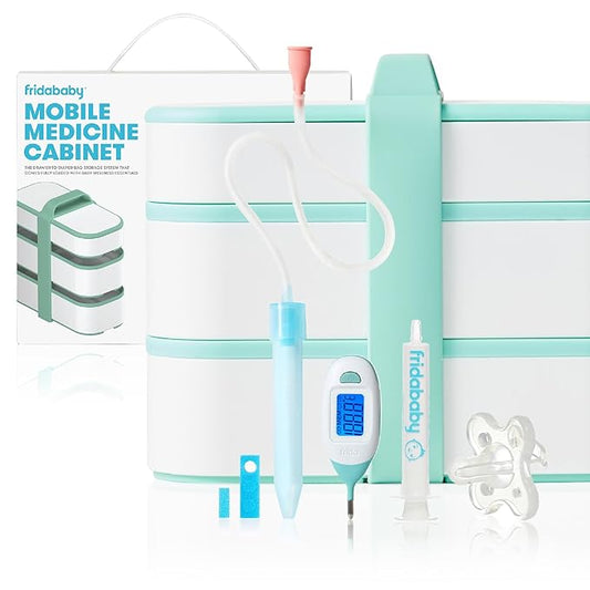 Frida Baby Mobile Medicine Cabinet Travel Kit | Baby Essentials Gift Set Includes NoseFrida Snotsucker, Rectal Thermometer