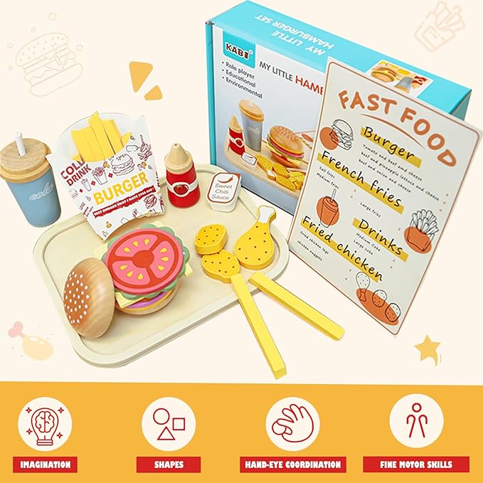 Wooden Pretend Play Fast Food for Kids,Play Food Sets for Kids Kitchen,Restaurant Play Set for Kids with Hamburger, Fries,Fried Chicken,Coke,Ketchup,Sauce,Gifts for 3 4 5+ Years Old