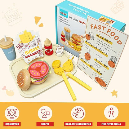 Wooden Pretend Play Fast Food for Kids,Play Food Sets for Kids Kitchen,Restaurant Play Set for Kids with Hamburger, Fries,Fried Chicken,Coke,Ketchup,Sauce,Gifts for 3 4 5+ Years Old