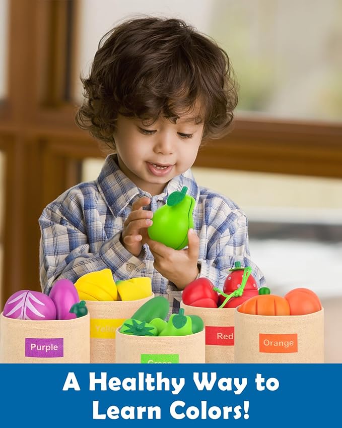 Wooden Play Food Set Color Sorting Toys, Pretend Food for Play Kitchen Accessories Toddler Fruit Veggies Cutting Toy, Grocery Store Pretend Play for Kids Kitchen
