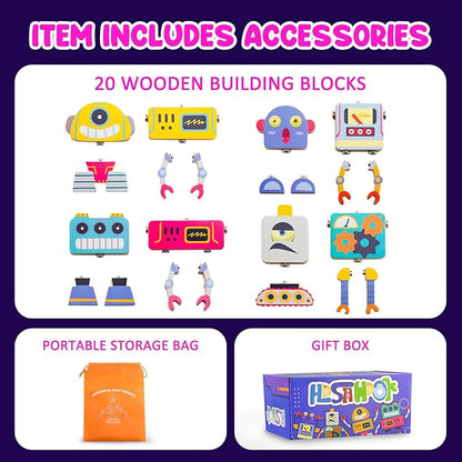 Wooden Snap Together Robot Toys, Fine Motor Building Robot Blocks for Kids, STEM Montessori Educational Learning Toy, Gift for 3 4 5 6+ Years Old Boy Girl Kids
