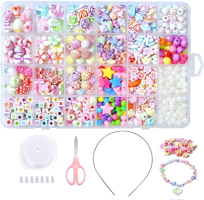 Beads Art Crafts Toys, Acrylic Beads Bracelet Making Kits DIY Beads Kits 24 Different Types and Shapes Colorful Acrylic Beads for Girls Kids DIY Bead Set Gift for 6 + Years Old Kids Birthday Gift