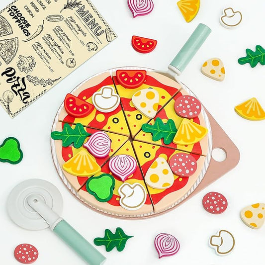 Wooden Pizza Toy Cutting Play Food，26Pcs Pizza Toys for Kids Ages 3-5，Kids Pizza Playset Pretend Play Kitchen Accessories，Play Pizza Set for Kids Wood Cooking Toys Birthday
