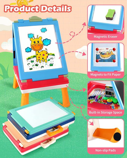 Tabletop Easel for Kids, Foldable Art Easel for Toddler,Double Sided Kids Easel with Chalkboard & Magnetic Dry Erase Board,Height Adjustable Desktop Easel, Educational Gift for Girls(Pink)