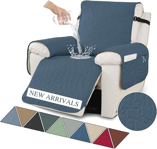 XINEAGE 100% Waterproof Recliner Chair Covers with Elastic Straps, Nonslip Reclining Couch Covers Washable Recliner Couch Cover with Pockets Furniture Protector for Pets Dogs (Berlin Blue, 30")