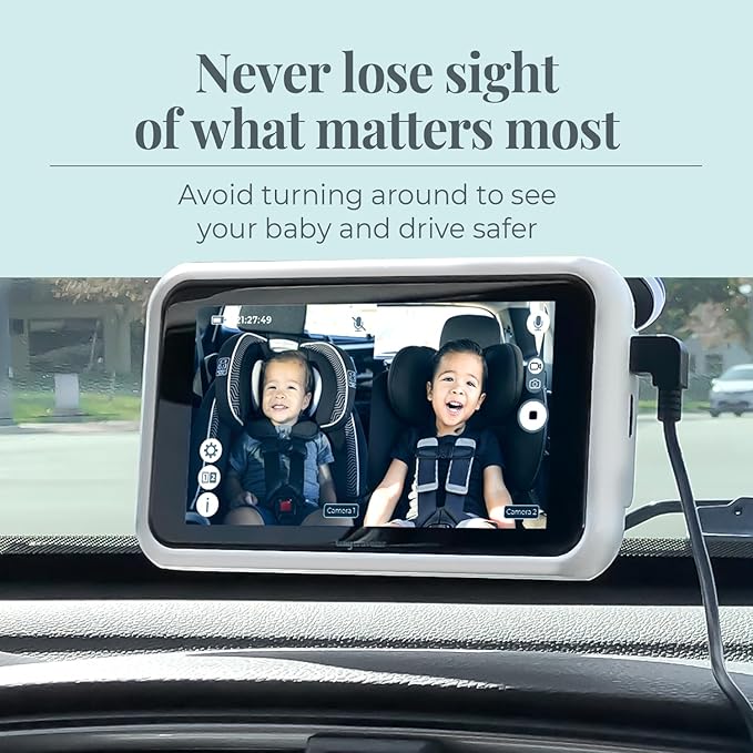 Tiny Traveler Baby Car Camera for 2 Kids, 5” Touch Screen Baby Car Monitor with Power Bank, No WiFi Baby Camera – Rear-Facing Car Seat Monitor Night Vision Baby Reminder Alert - White