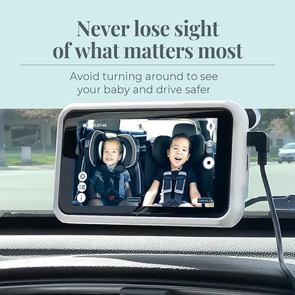 Tiny Traveler Baby Car Camera for 2 Kids, 5” Touch Screen Baby Car Monitor with Power Bank, No WiFi Baby Camera – Rear-Facing Car Seat Monitor Night Vision Baby Reminder Alert - White