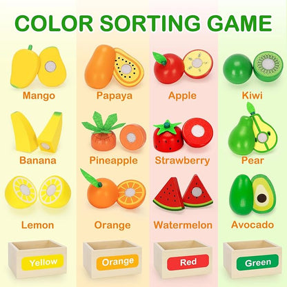 Wooden Play Food Toy Set for Kids Kitchen - 30 Pcs Montessori Cutting & Color Sorting Fake Fruit Accessories with 4 Boxes, Play Toys for Toddlers 3, Birthday Gifts for Boys Girls