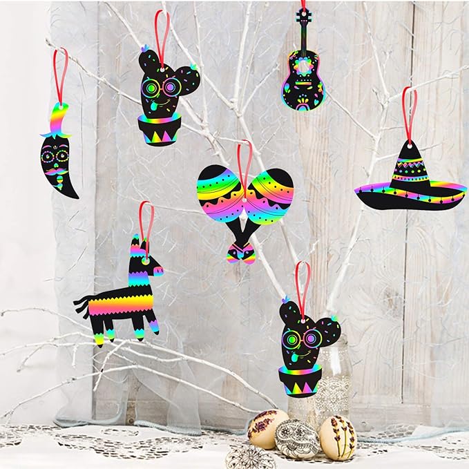 WATINC 60pcs Mexican Fiesta Scratch Cards Art Set for Kids Adults, Cinco De Mayo Party Decorations Favor, DIY Magic Colorful Art Craft Kit, Scratch Paper Ornaments for Birthday Party