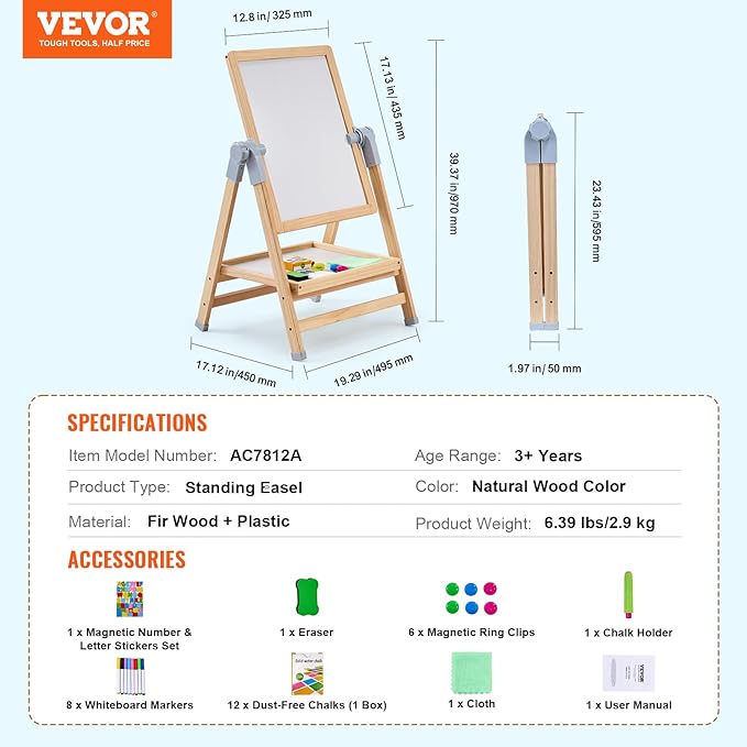 VEVOR Art Easel for Kids, 2-in-1 Wooden Double-Sided Kid's Art Easel with Magnetic Whiteboard & Chalkboard, Adjustable Standing Rotatable Foldable Drawing Board with Painting Accessories for Boy Girl