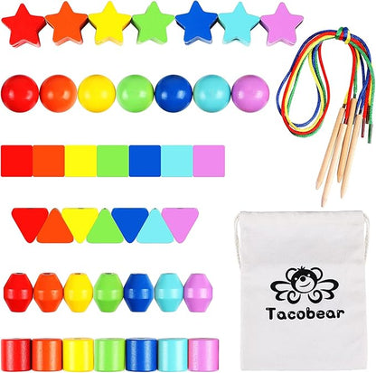 Atoylink 42PCS Lacing Beads Montessori Toys for Toddlers Wooden Primary String Threading Beads Rainbow Lacing Toy Preschool Fine Motor Skills Educational Toy for 3 4 5 6 7 8 Years Old Kids Boys Girls