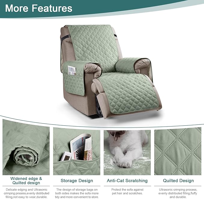 Ruaozz 100% Waterproof Recliner Chair Cover Non-Slip Oversized Reclining Cover for Large Recliner Chair Washable Chair Seat Cover with Elastic Straps for Kids, Dogs, Pets (Sage Green, 28'')