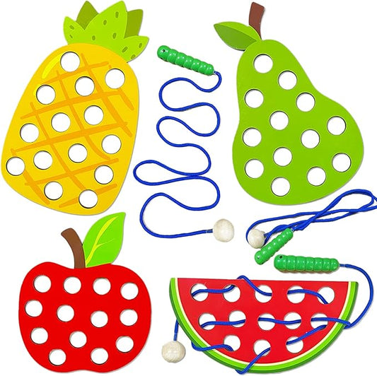 4 Pack Wooden Lacing Toy,Educational Threading Activity Puzzles,Learning Fine Motor Skill Travel Toy,Wooden Fruit Threading Set for Toddlers Kids 3 4 5 Year 1 Apple,1 Watermelon,1 Pineapple,1 Pear
