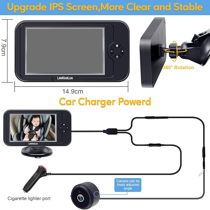 Baby Car Camera for Backseat 1080P - Plug and Play, HD Crystal Night Vision, Easy to Install, 360° Rotation, Wide View Angle, Protect Baby's Eye - Rear Facing Carseat Camera for Newborn, Infant, Kids