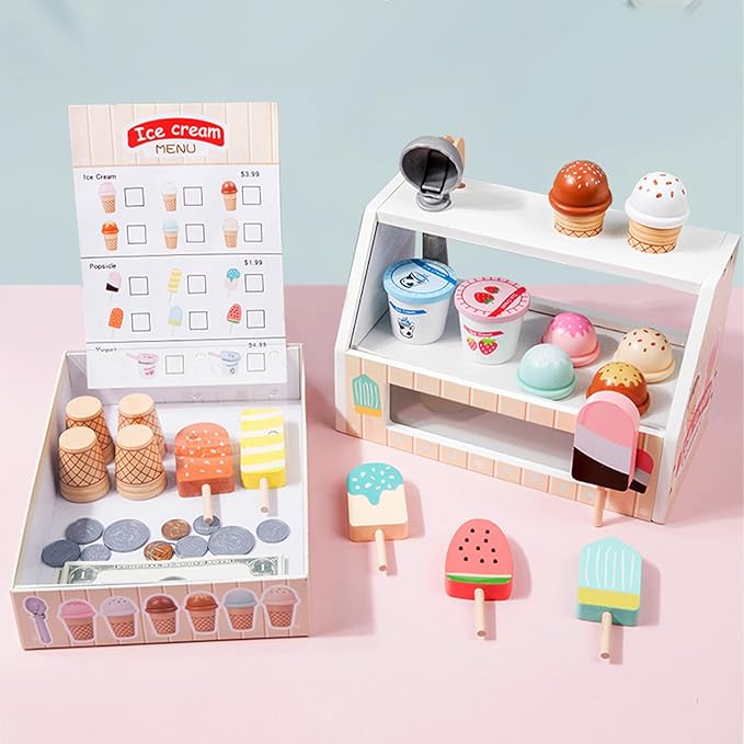 Wooden Ice Cream Set Counter Toy for Toddlers, Wooden Play Food Kitchen Accessories, Pretend Play Ice Cream Shop Toys for Kids Ages 3+, Play Store with Fake Money & Coin
