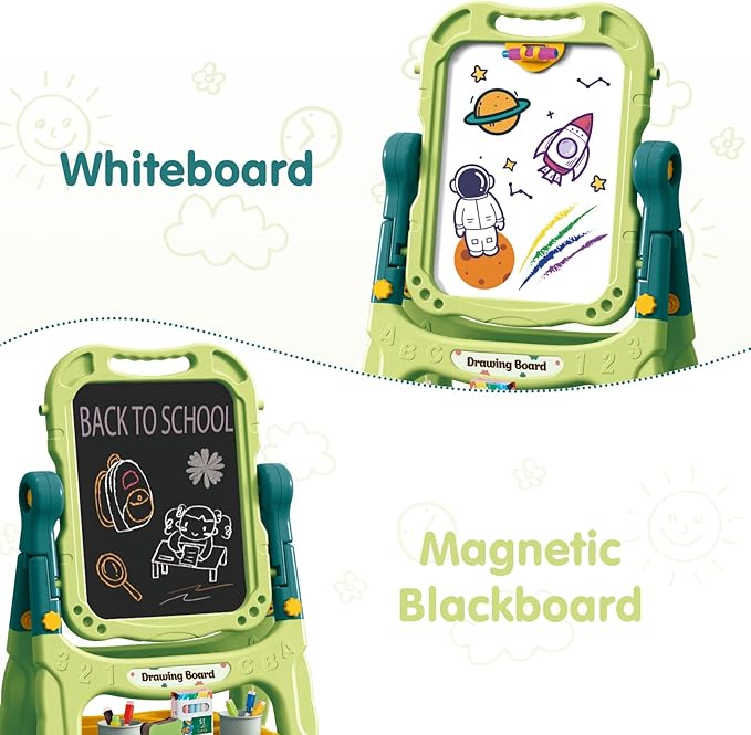 Amagoing Easel for Kids, Adjustable Standing Art Easel for Toddler, Double Magnetic Drawing Board with Painting Accessories, Birthday Christmas Gift for Little Boys and Girls, Middle Size (Green)