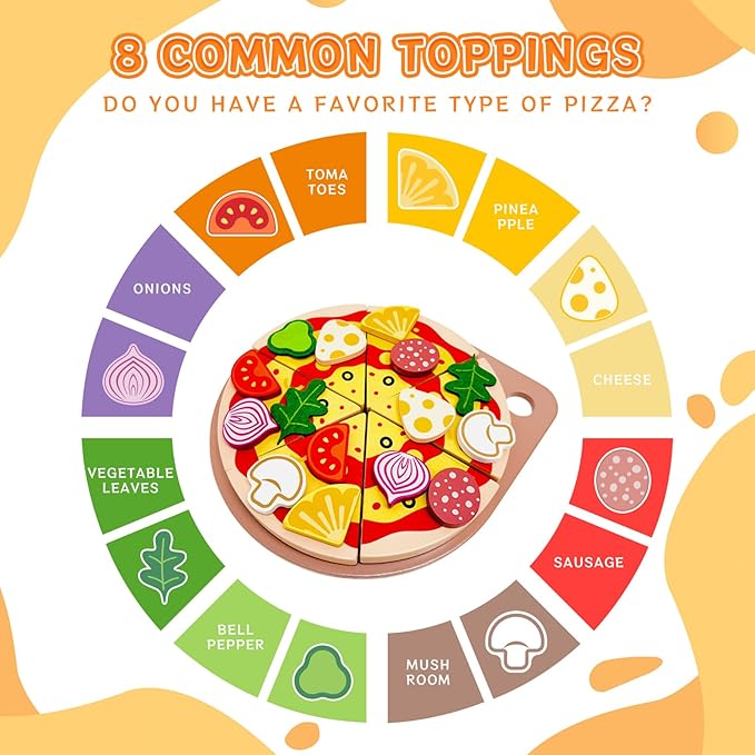 Wooden Pizza Toy Cutting Play Food，26Pcs Pizza Toys for Kids Ages 3-5，Kids Pizza Playset Pretend Play Kitchen Accessories，Play Pizza Set for Kids Wood Cooking Toys Birthday