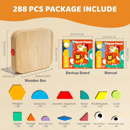 Wooden Magnetic Pattern Blocks with Cards, 288 PCS Montessori Tangram Puzzle Learning Toys for Toddlers 3-5, Educational STEM Gift for Kids Boys Girls 3 4 5 6