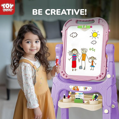TOY Life Easel for Kids Art Easel for Toddler Easel - 4in1 Double-Sided Large Magnetic Board Kids Chalkboard Easel Drawing White Board for Kids Magnetic Letters & Numbers Pink Easel for Girls