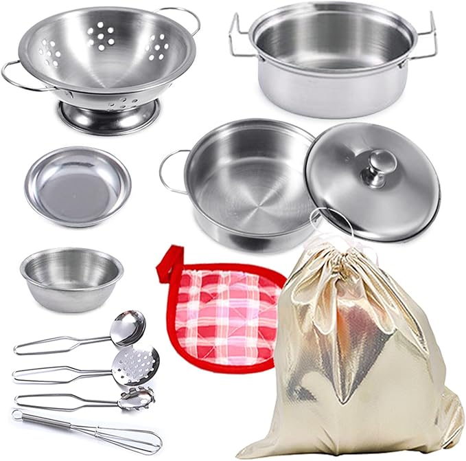 Tiny Size Cooking Pretend Play Kitchen Cooking Toys with Stainless Steel Cookware Play Pots and Pans Set，Cooking Utensils Cookware Kitchen Play Accessories Toys Cooking Pots for Toddlers Kids(Mini)