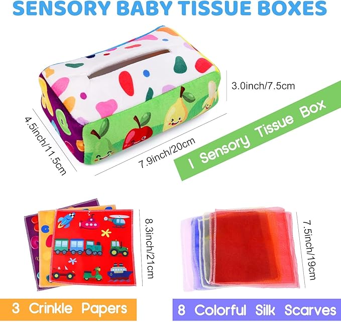 YOGINGO Baby Toys 6 to 12 Months - Tissue Box Toy Montessori for Babies 6-12 Months, Soft Stuffed High Contrast Crinkle Infant Sensory Toys