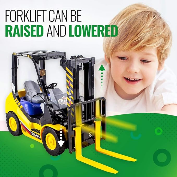 WolVolk 6-Channel Electric Remote Control Forklift - Functional RC Lighted Fork Lift Toy w/Pallet, Barrel
