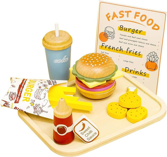 Wooden Pretend Play Fast Food for Kids,Play Food Sets for Kids Kitchen,Restaurant Play Set for Kids with Hamburger, Fries,Fried Chicken,Coke,Ketchup,Sauce,Gifts for 3 4 5+ Years Old