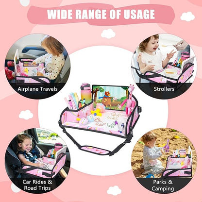 Upgraded Kids Travel Tray for Car Seat - Travel Tray for Airplane, Table Tray for Kids Travel Essentials, Toddler Lap Tray, Carseat Lap Desk for Kids Road Trip Activities, Pink Unicorn - 2 PCS