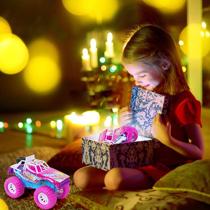 Pink Toys Car for Toddler Girl, 2 Pack 6.3 Inch Push and Go Vehicle Monster Toy Trucks for 3 4 5 6 Year Old Kids Gifts