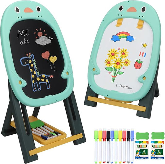 Table Easel for Kids, Double Sided Adjustable Tabletop Drawing Magnetic Easels with Graffiti and Board Game Accessories for Toddlers Boys and Girls (Blue)