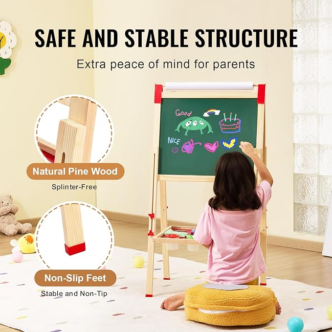 VEVOR Art Easel for Kids, 3-in-1 Wooden Double-Sided Kid's Art Easel with Magnetic Whiteboard, Chalkboard & Paper Roll, Adjustable Standing Drawing Board with Painting Accessories for Boys and Girls