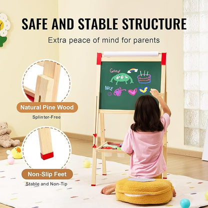 VEVOR Art Easel for Kids, 3-in-1 Wooden Double-Sided Kid's Art Easel with Magnetic Whiteboard, Chalkboard & Paper Roll, Adjustable Standing Drawing Board with Painting Accessories for Boys and Girls