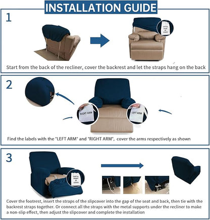 XINEAGE 4 Pieces Recliner Cover Stretch Jacquard Recliner Chair Covers Soft Recliner Slipcovers with Pocket for Kids and Pets, Washable Couch Cover (Recliner, Khaki)